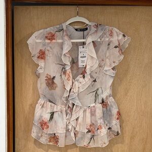 Zara Ruffled Floral Blouse - Cream and Pink